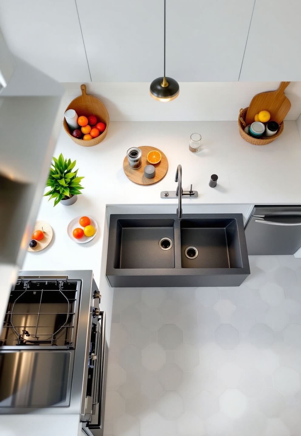 Overhead view of a kitchen showing the work triangle connecting matte black sink, professional range, and panel-ready refrigerator on a pale gray hexagonal floor tile.