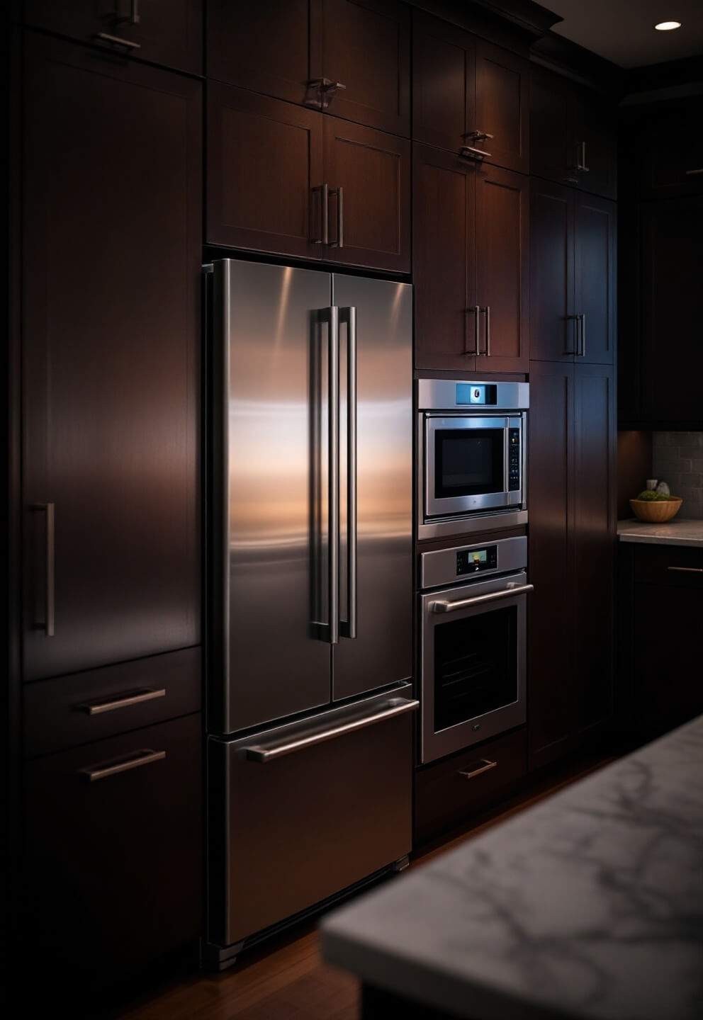 Space-saving appliances including a 24-inch stainless steel refrigerator, slim dishwasher under a quartz counter, and over-range microwave in moody twilight lighting