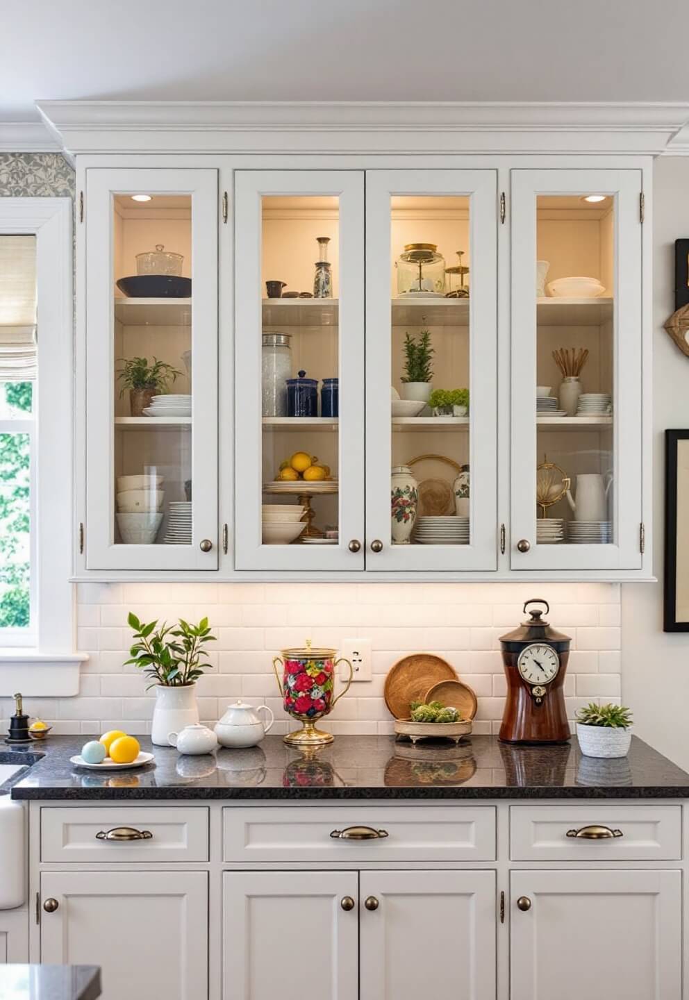 Early morning kitchen scene with white cabinets extending to 10-foot ceiling, glass-front cabinets showcasing organized collections, shot at 45-degree angle under natural window light.