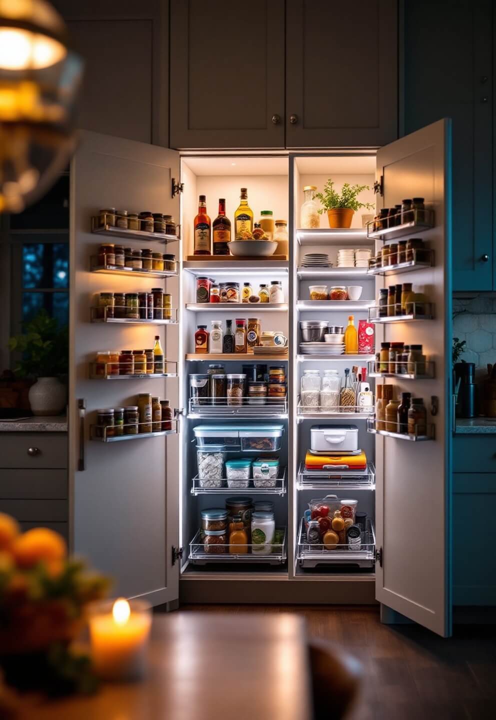 Compact kitchen storage with door-mounted spice racks, pull-out pantry unit, and LED-illuminated shelves in a cozy, warm artificial lighting