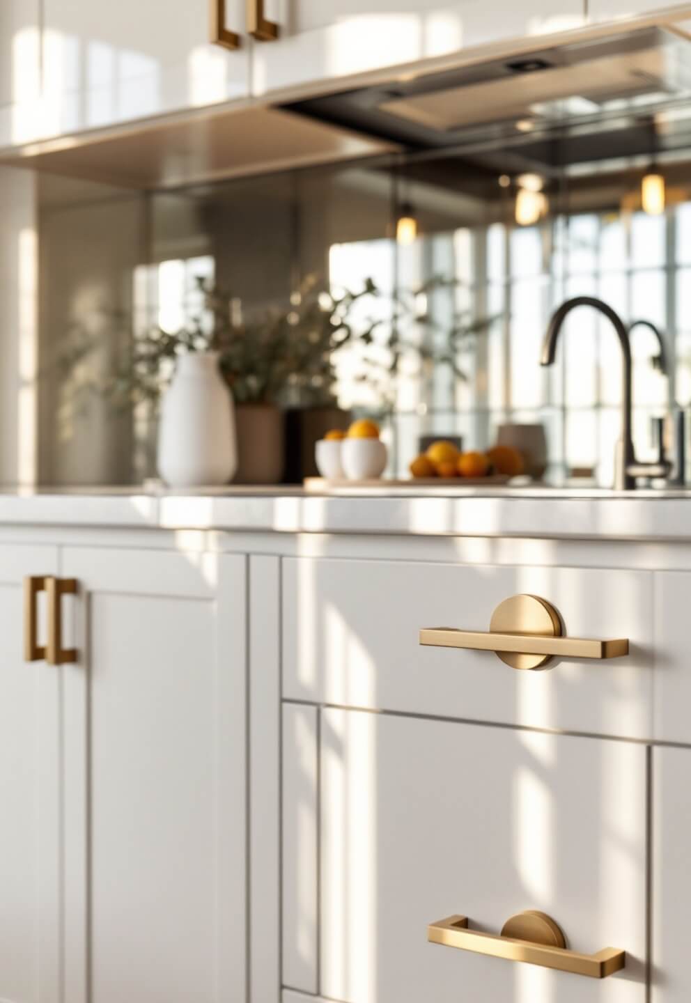 Minimalist kitchen in morning light with high-gloss surfaces, metallic finishes, brushed gold hardware and mirrored backsplash, shot during the golden hour with a dreamy effect at f/2.8.