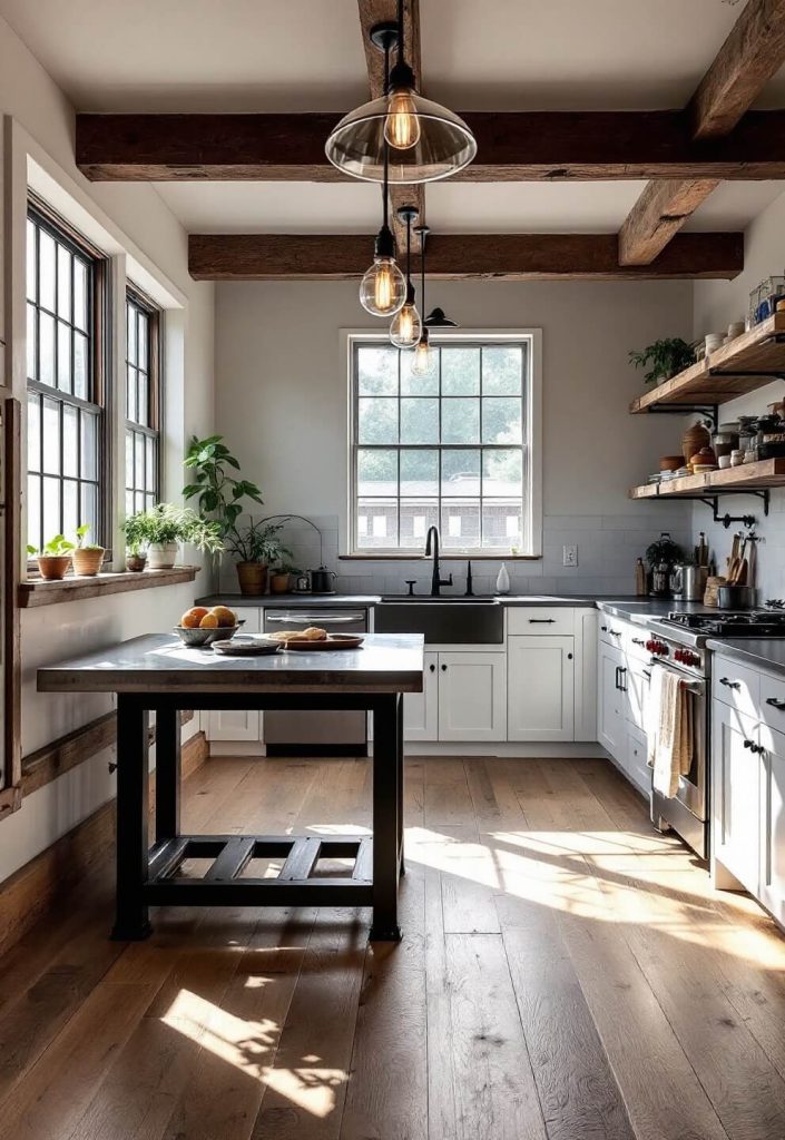 "Industrial farmhouse kitchen with exposed steel beams, reclaimed oak flooring, concrete sections, and zinc-topped island illuminated by morning light through factory-style windows"