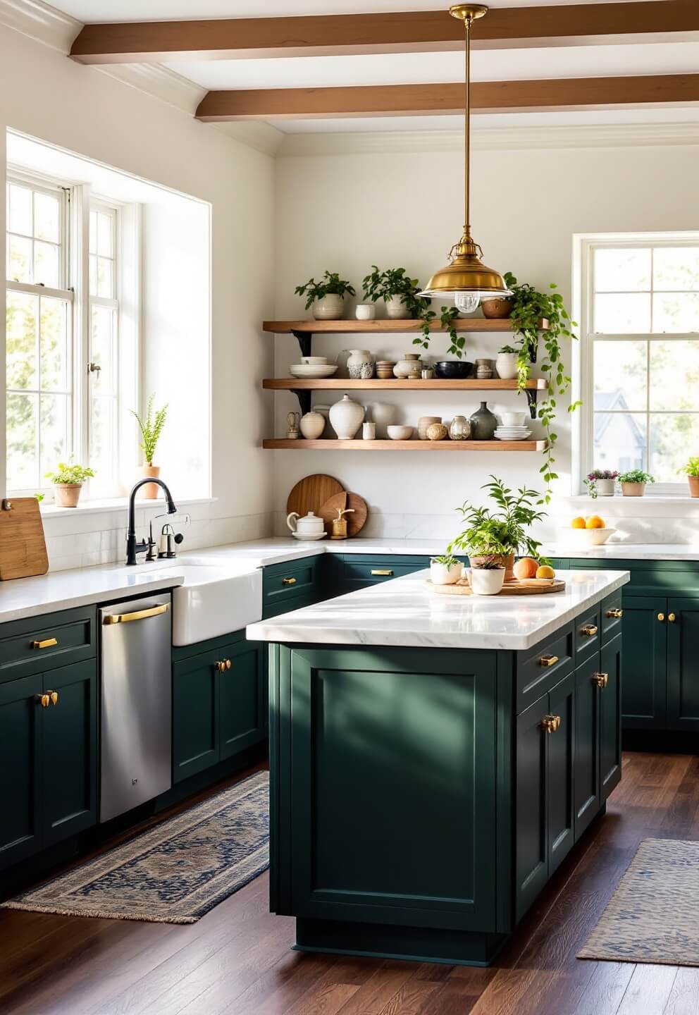 Morning sunlight illuminating a spacious kitchen with dark green cabinets, white marble countertops, and a marble-topped island, decorated with ceramic vessels and trailing plants on wooden floating shelves.