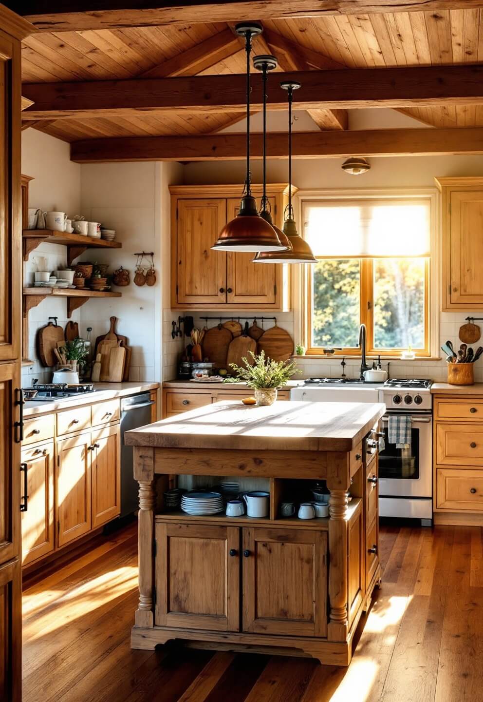 Sunlit rustic kitchen with pine cabinets and flooring, center island with butcher block top, copper pendant lights, and weathered accessories bathed in light from the west-facing windows.