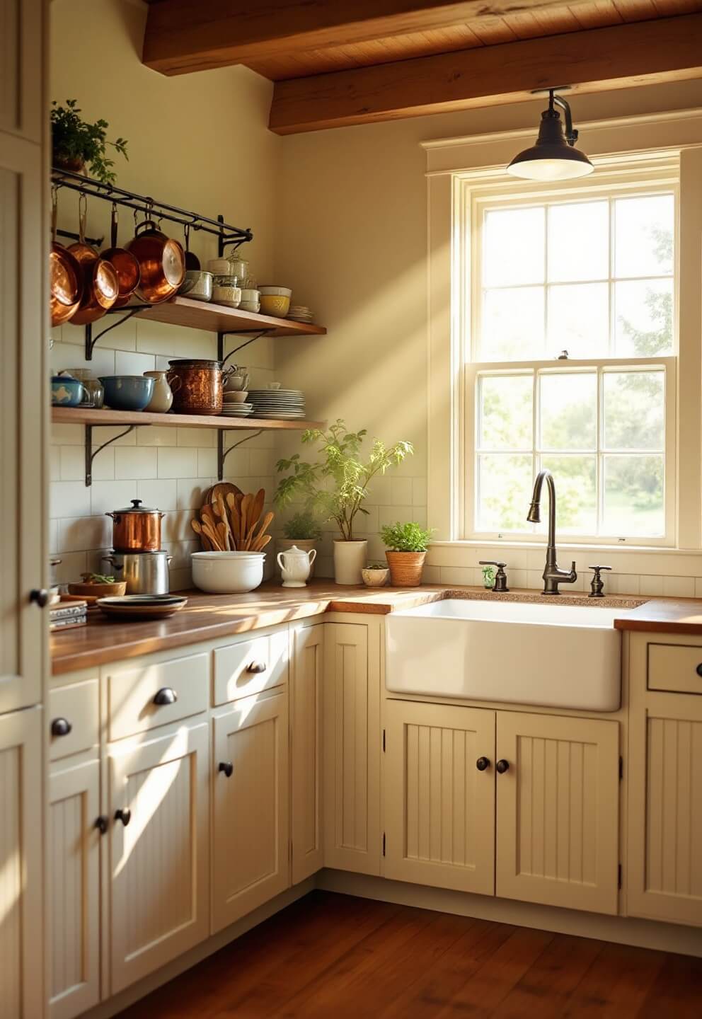 Country cottage kitchen in early morning light with cream beadboard cabinetry, a farmhouse sink, dangling copper pots, and rustic oak flooring.