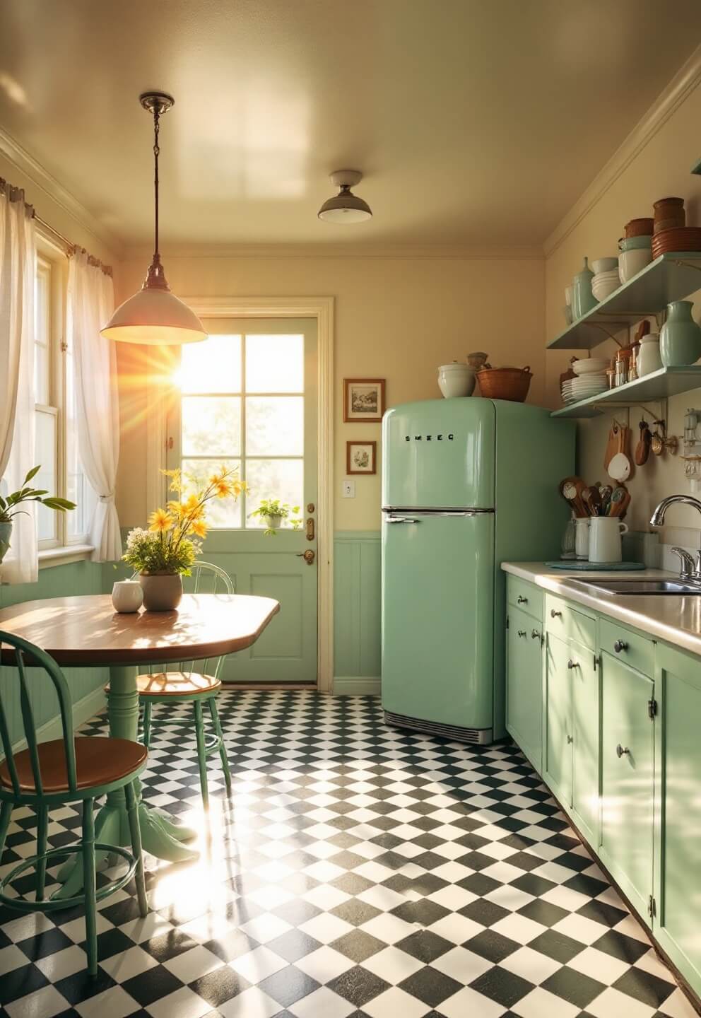 Vintage kitchen with 10ft ceilings, black and white checkerboard floor, mint green SMEG refrigerator, enamel-top kitchen table, open shelving with milk glass and jadeite dishes, under the glow of golden hour light, with a lens flare adding warmth.