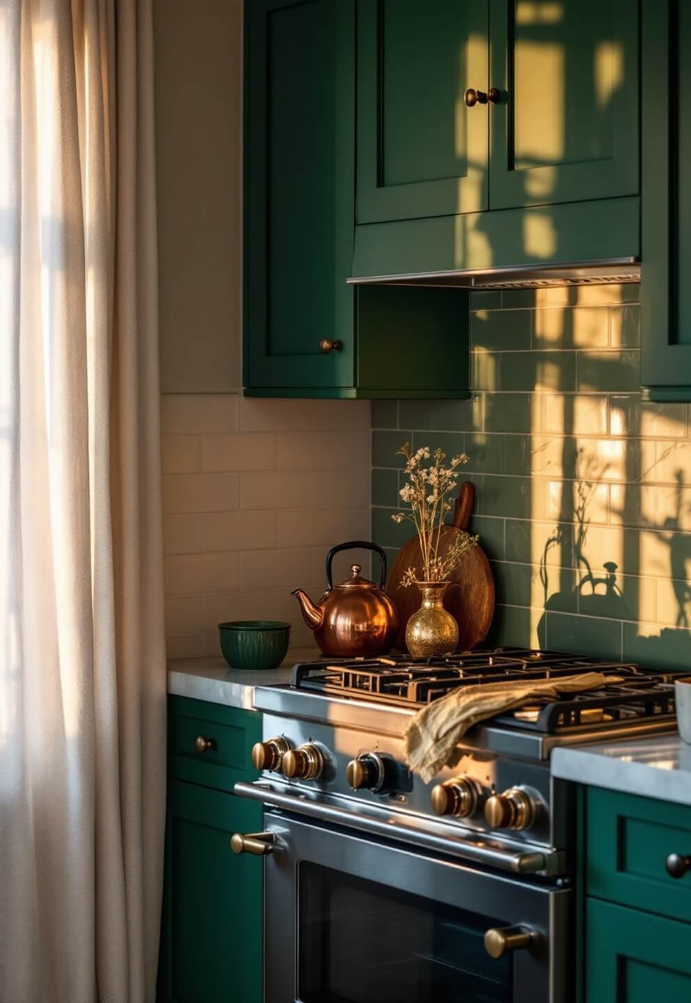 Emerald green kitchen with warm sunlight filtering through linen curtains, highlighting a copper kettle on a professional-grade range, sage-colored tiles, and a luminous marble backsplash.