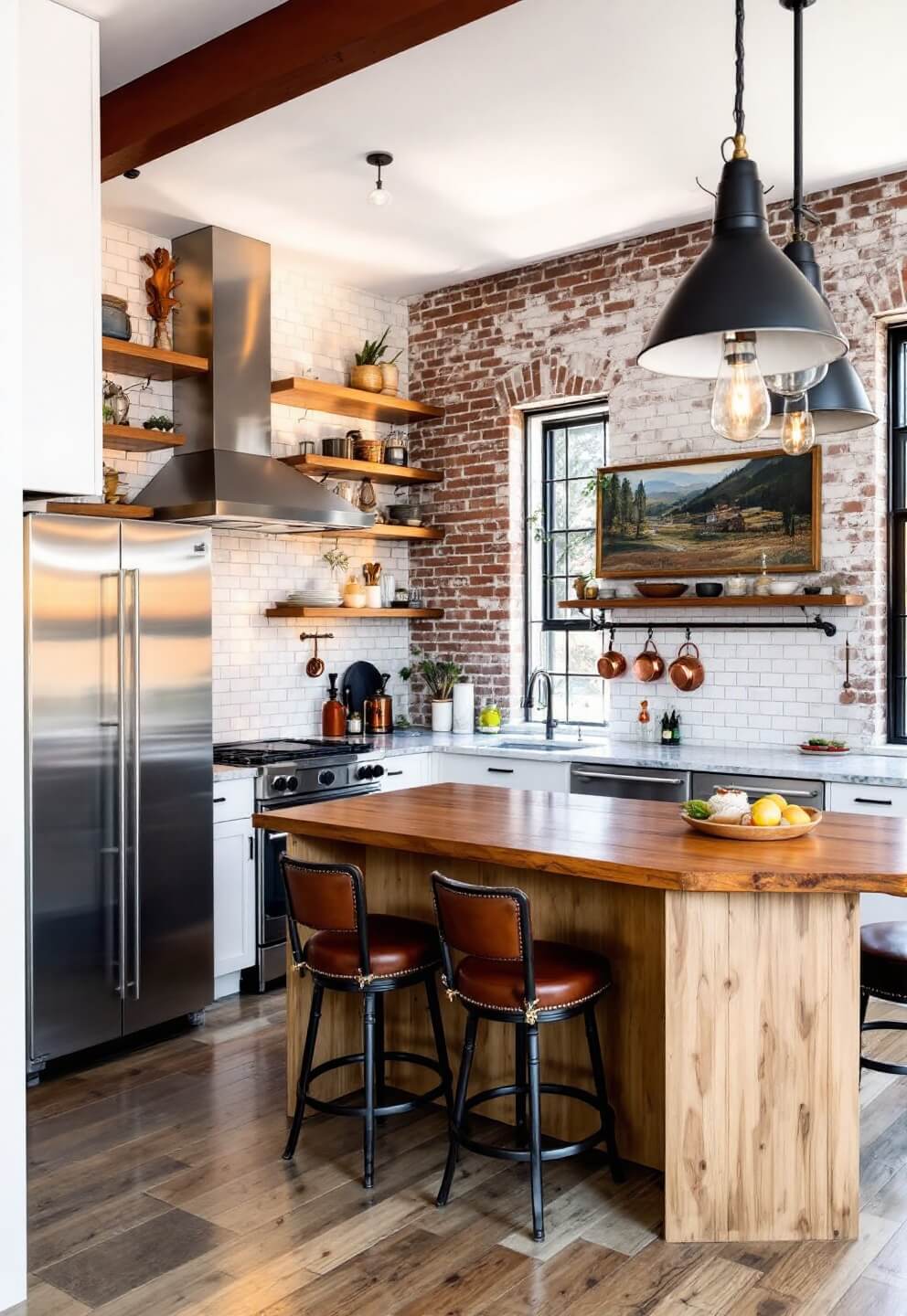 Elevated corner view of an industrial farmhouse kitchen with exposed brick wall, stainless steel appliances, warm wooden shelves, marble countertops with vintage barstools, copper pots hanging from pipe rack, illuminated by pendant lights and golden hour sunlight through steel-framed windows.