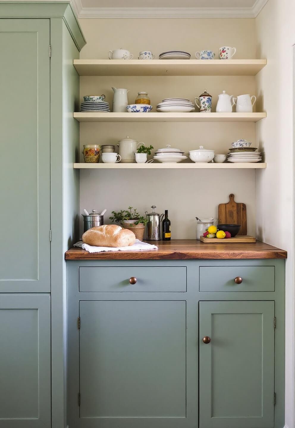 Late afternoon sunlight illuminating a rustic galley-style kitchen with sage green cabinets, creamy upper shelving displaying vintage ironstone, and a sourdough loaf proofing on a reclaimed wooden counter