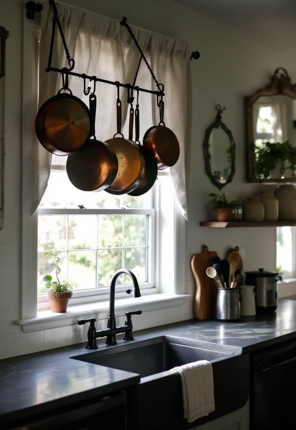 Vintage farmhouse kitchen with black appliances, copper pots, soapstone counters, and earthenware crocks reflecting in antique mirror.