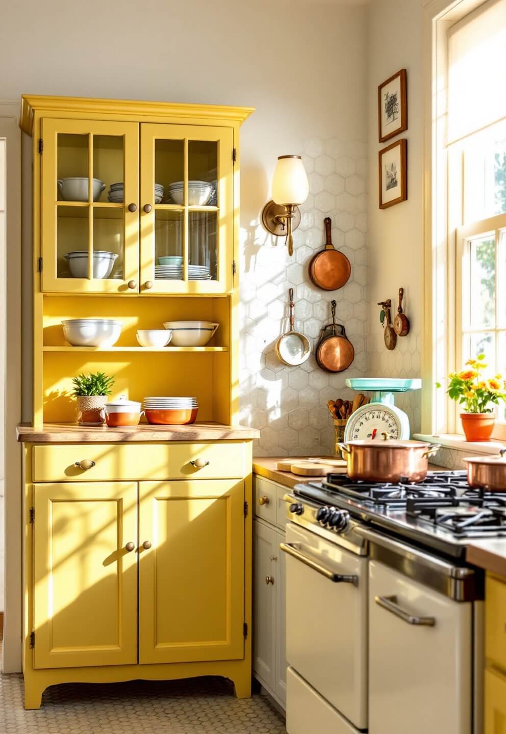 Wide-angle view of a vintage kitchen corner with a yellow hutch displaying Pyrex bowls, a cream gas range, copper pots, enamelware, and a vintage scale on hexagonal penny tiles lit by afternoon sun and fill light.