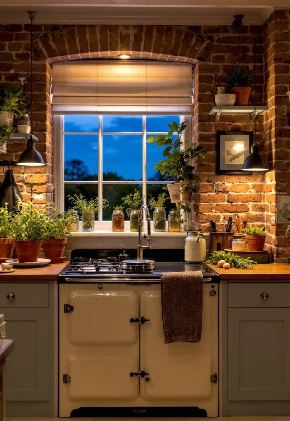 Cozy, rustic cottage kitchen at dusk with cream AGA range, mason jars on open shelves, and fresh herbs in terracotta pots on windowsill, shot from above the island.