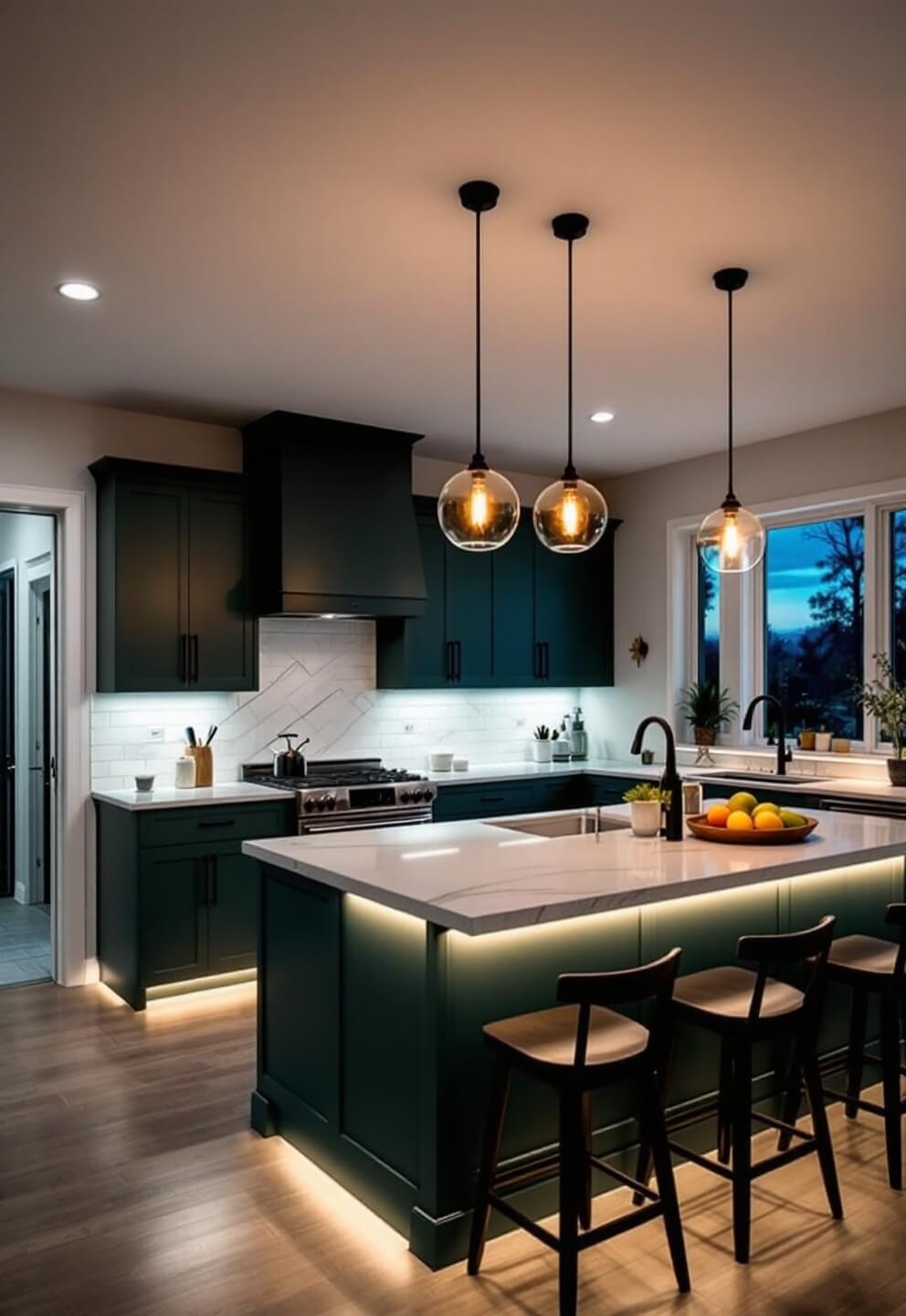 Modern forest green kitchen illuminated by under-cabinet LEDs and glass globe pendants, featuring quartz countertops, matte black hardware, a 6ft island with dark wood bar stools, captured in a wide-angle shot from entrance at dusk.