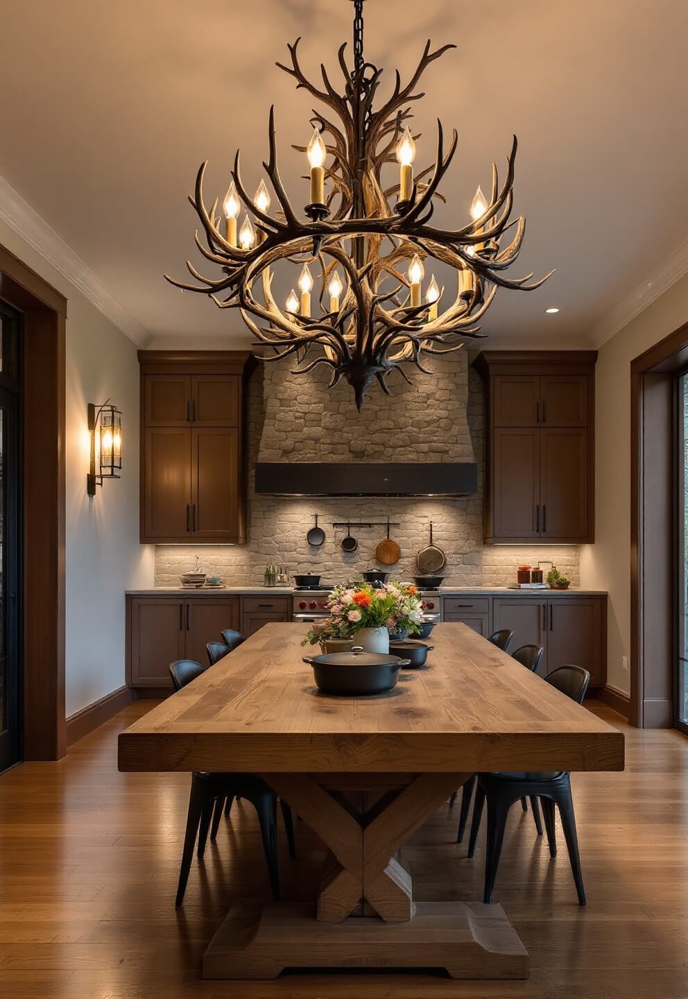 Dramatic antler chandelier above a large reclaimed wood dining table, with evening interior lighting casting warm glows from under-cabinet LEDs, in a room featuring a stone hearth with a cast iron cookware collection.