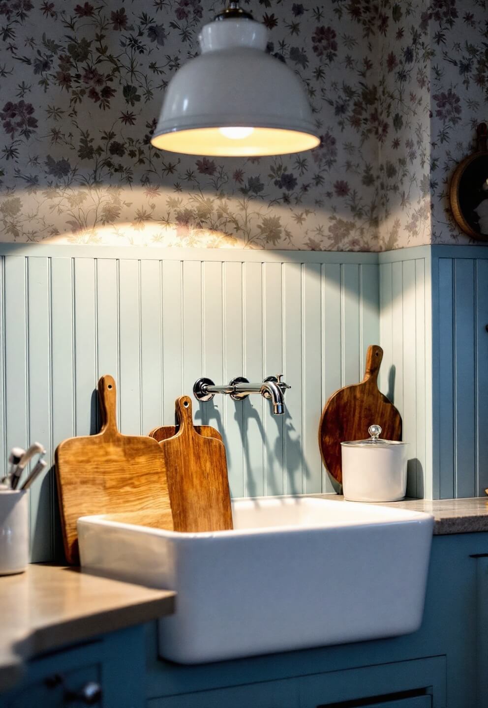 Vintage kitchen workstation with powder blue wainscoting and floral wallpaper, illuminated by a pendant light over a farmhouse sink and cutting boards, casting dramatic shadows.