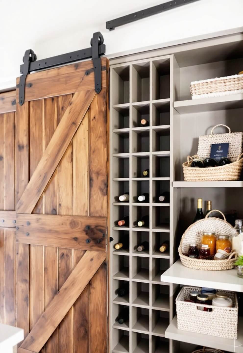 Custom floor-to-ceiling pantry wall with sliding barn door, wine cubbies, open shelving adorned with woven baskets and preserved goods, enhanced by natural side lighting