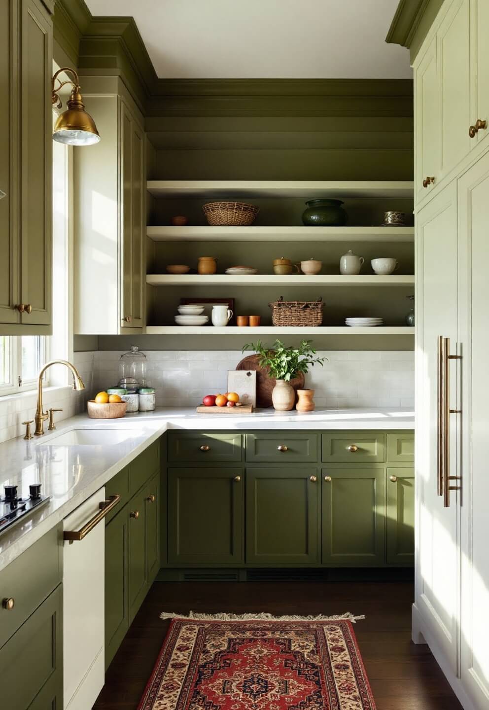 Sunlit olive green kitchen with high ceilings, contrasting cream and deep olive cabinets, white oak open shelves lit by antique brass lights, and a vintage Turkish runner, captured from a corner.