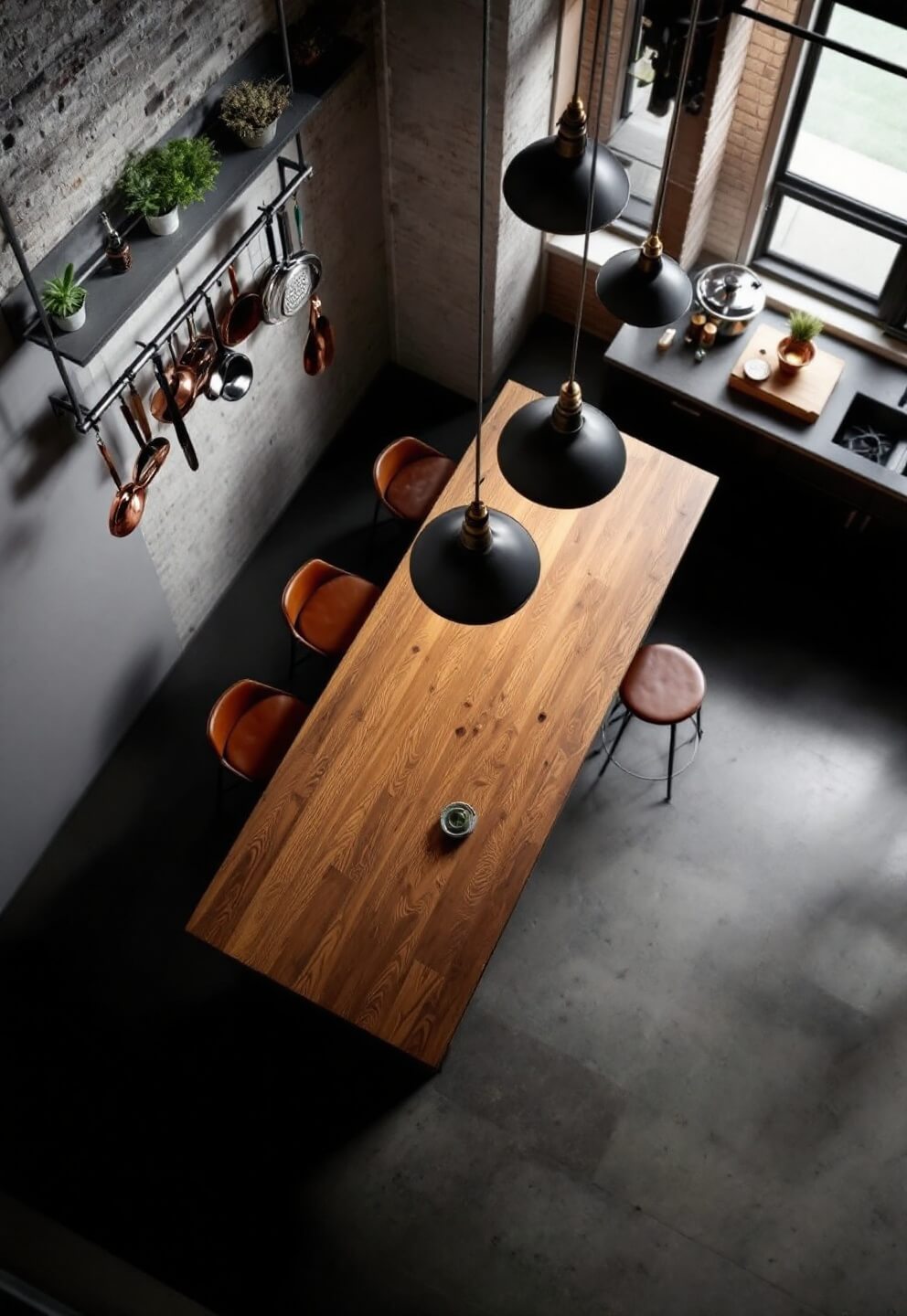 Dramatic overhead shot of an industrial kitchen featuring distressed steel and reclaimed oak island, copper cookware, dried herbs, barstools, and well-lit pendant lights reflected on polished concrete flooring.