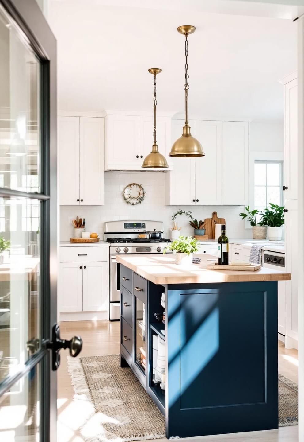 Morning sun illuminating a large open-concept cottage kitchen with navy blue island, vintage brass pendant lights, integrated appliances and beadboard cabinetry, viewed from entrance doorway.