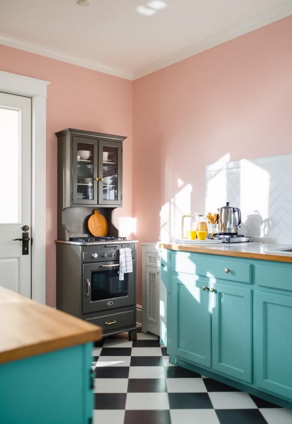 Vintage kitchen with pink walls, turquoise cabinets, sunlight illuminating checkerboard floor and Hoosier cabinet, with chrome coffee service on herringbone subway tile backdrop.