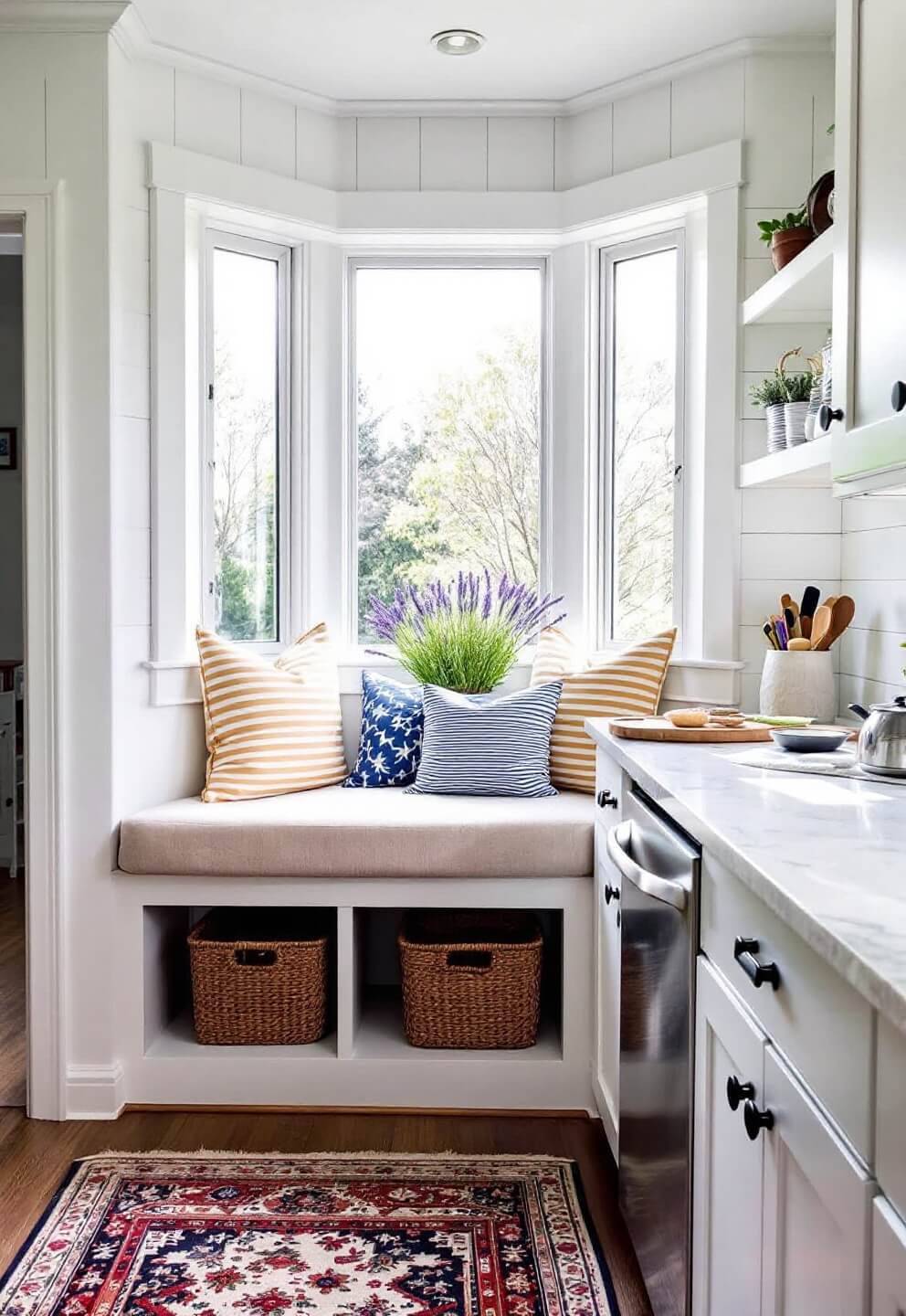 Corner view of a quaint cottage kitchen with white marble counters, shiplap walls, built-in window seat with woven baskets underneath, and potted lavender under casement windows in bright, airy natural light.