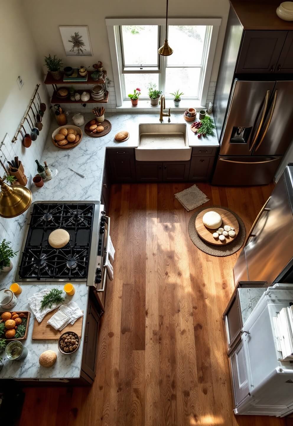 Overhead view of L-shaped kitchen with professional range, sink, and refrigerator in a workflow triangle, with bronze fixtures illuminated by morning light and styled with rising bread dough, drying herbs, and well-used cookbooks