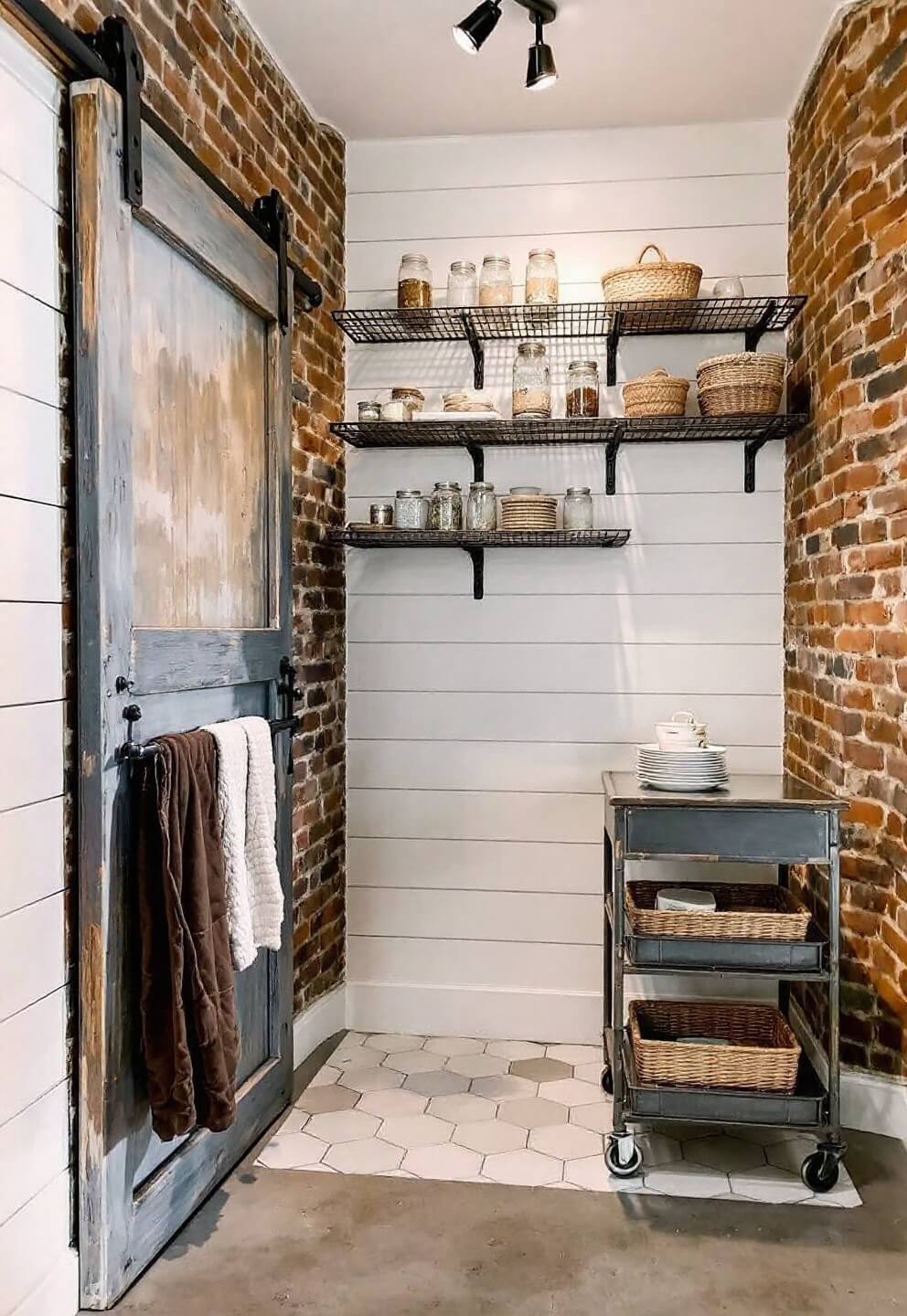 Pantry corner with sliding barn door, raw brick wall, white shiplap, industrial pipe shelves with mason jars and woven baskets, vintage metal cart, and contrasting flooring under dramatic track lighting