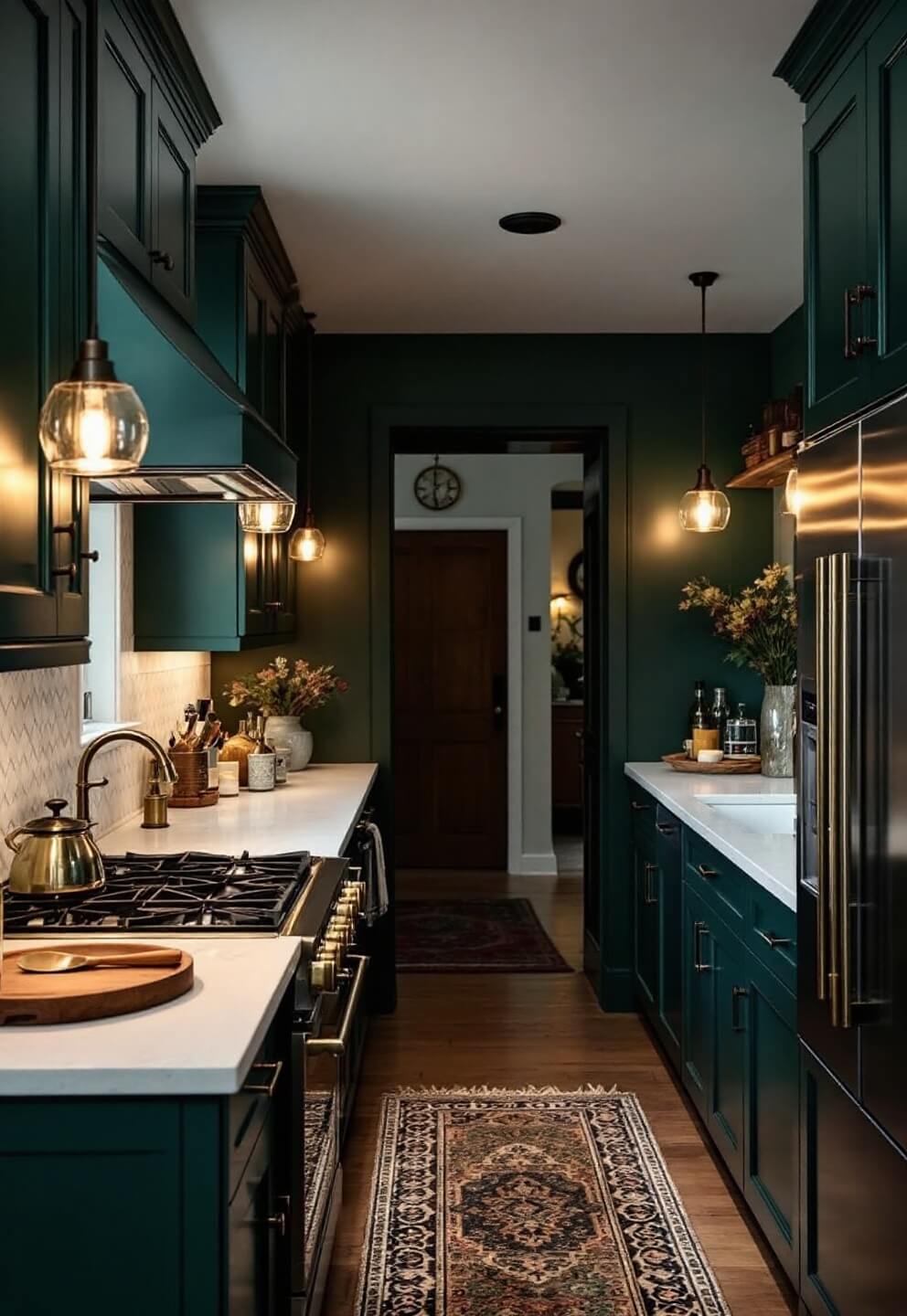 Hunter green galley kitchen with white marble herringbone backsplash, aged brass hardware, and warm pendant lighting