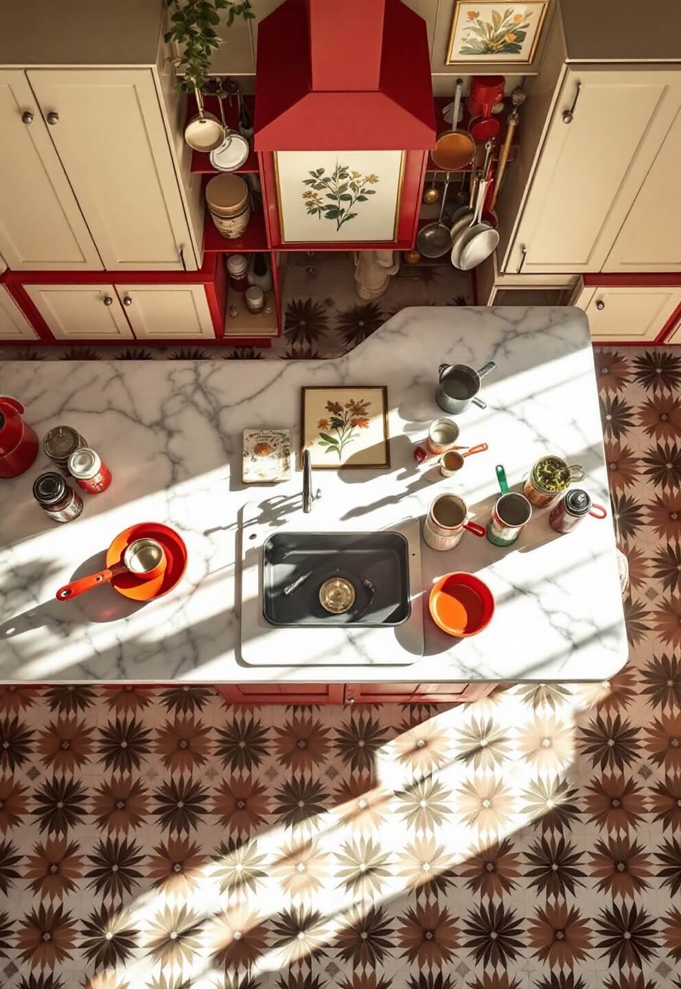 Overhead view of a vintage styled kitchen island with cream cabinets, marble countertops, and cherry red accents, decorated with vintage canisters, measuring cups, and botanical prints on linoleum flooring