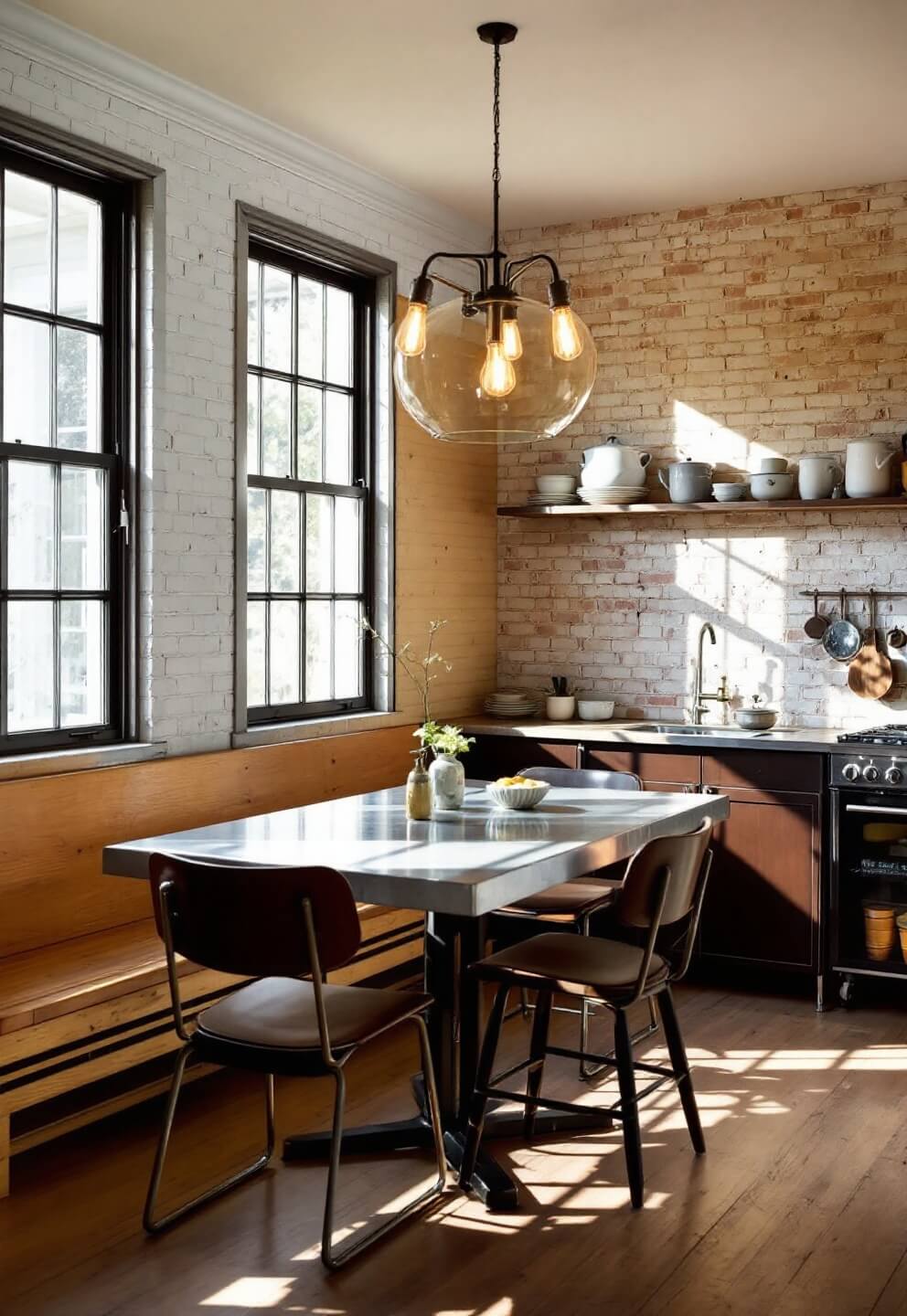 Kitchen dining nook with steel-framed windows creating gridded shadows on whitewashed brick, a zinc-topped table and vintage factory chairs, an oversized industrial chandelier with exposed bulbs, and open shelving displaying enamelware and pottery in abundant morning light