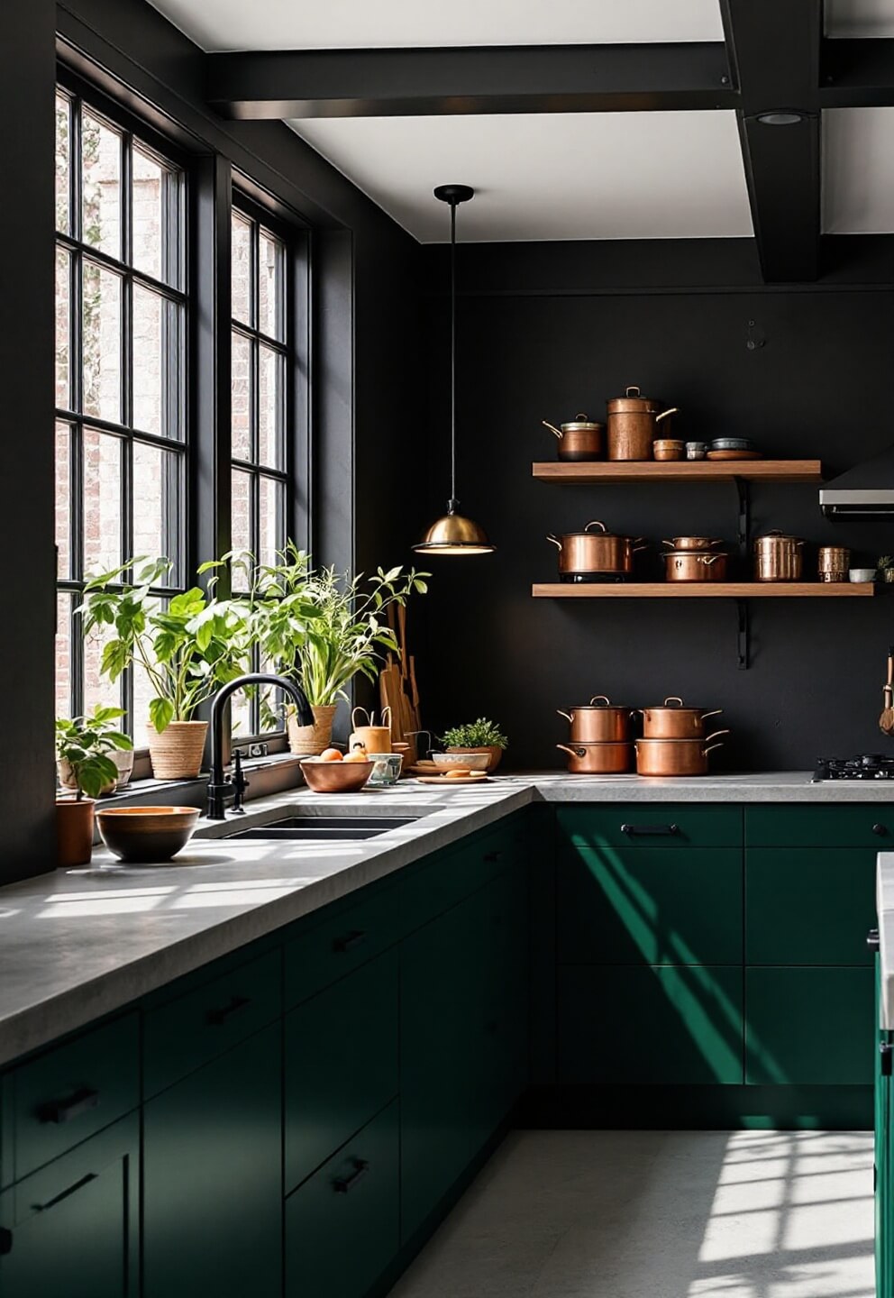 Dark green modern kitchen with industrial accents, black framed windows, concrete countertops, and copper cookware under dramatic side lighting