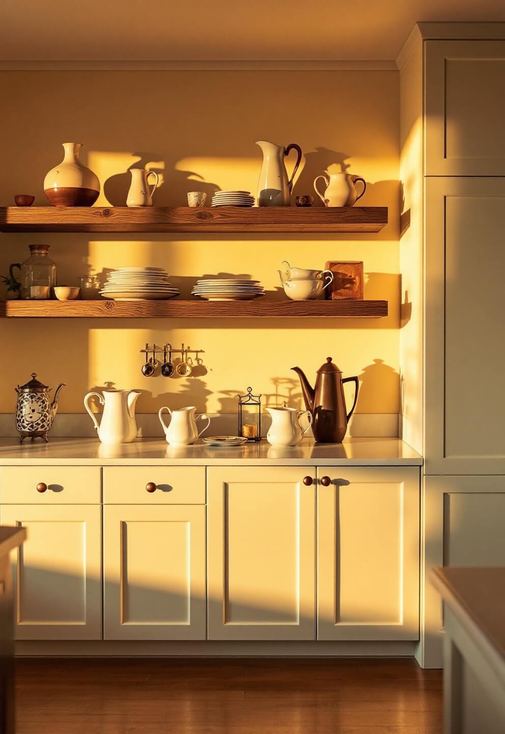 Golden hour light illuminating a 15x18ft kitchen with reclaimed barn wood shelves, vintage pitchers, ironstone and integrated pantry system.