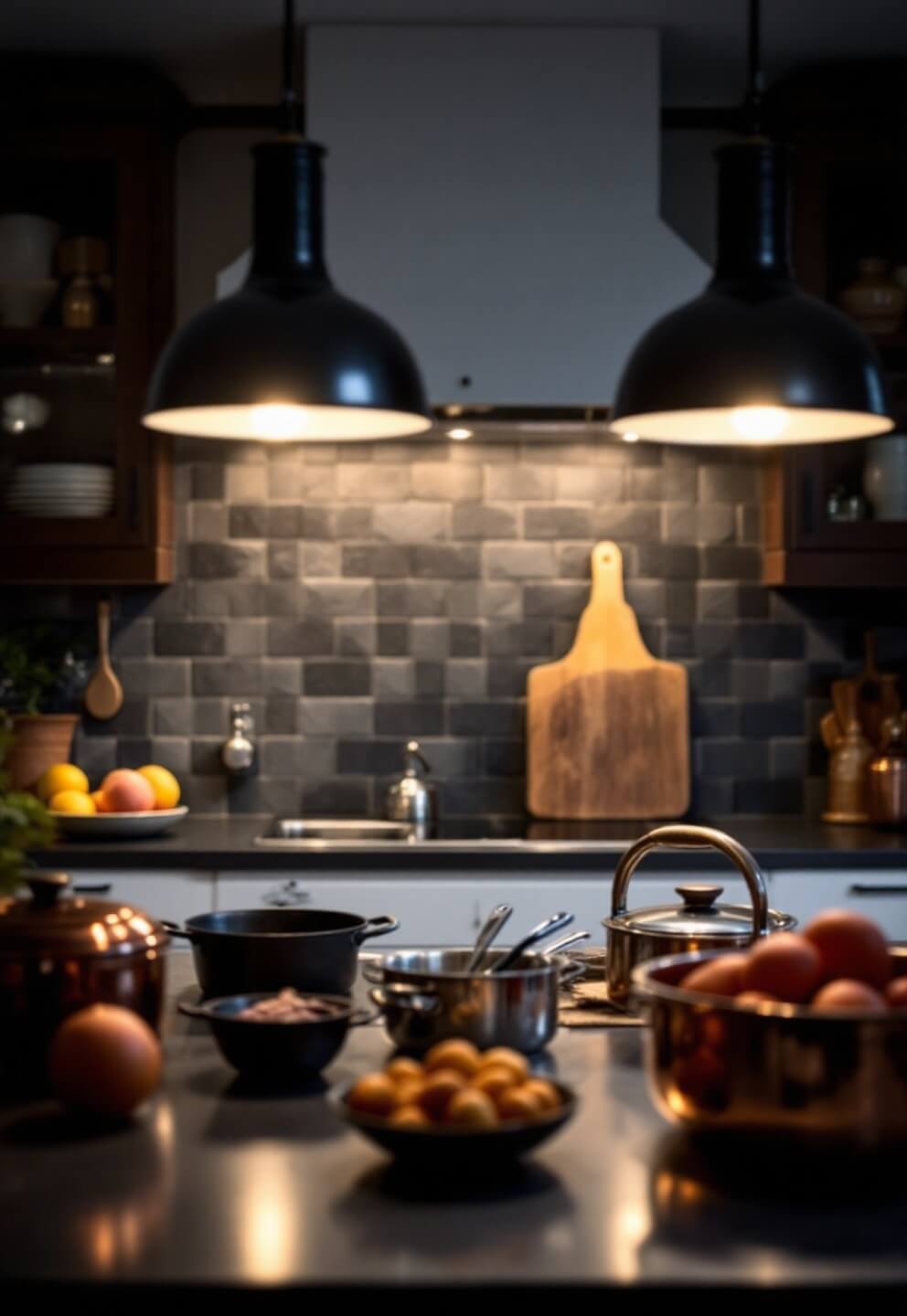 Twilight-lit kitchen with warm pendant lighting, slate backsplash, and copper and cast iron cookware