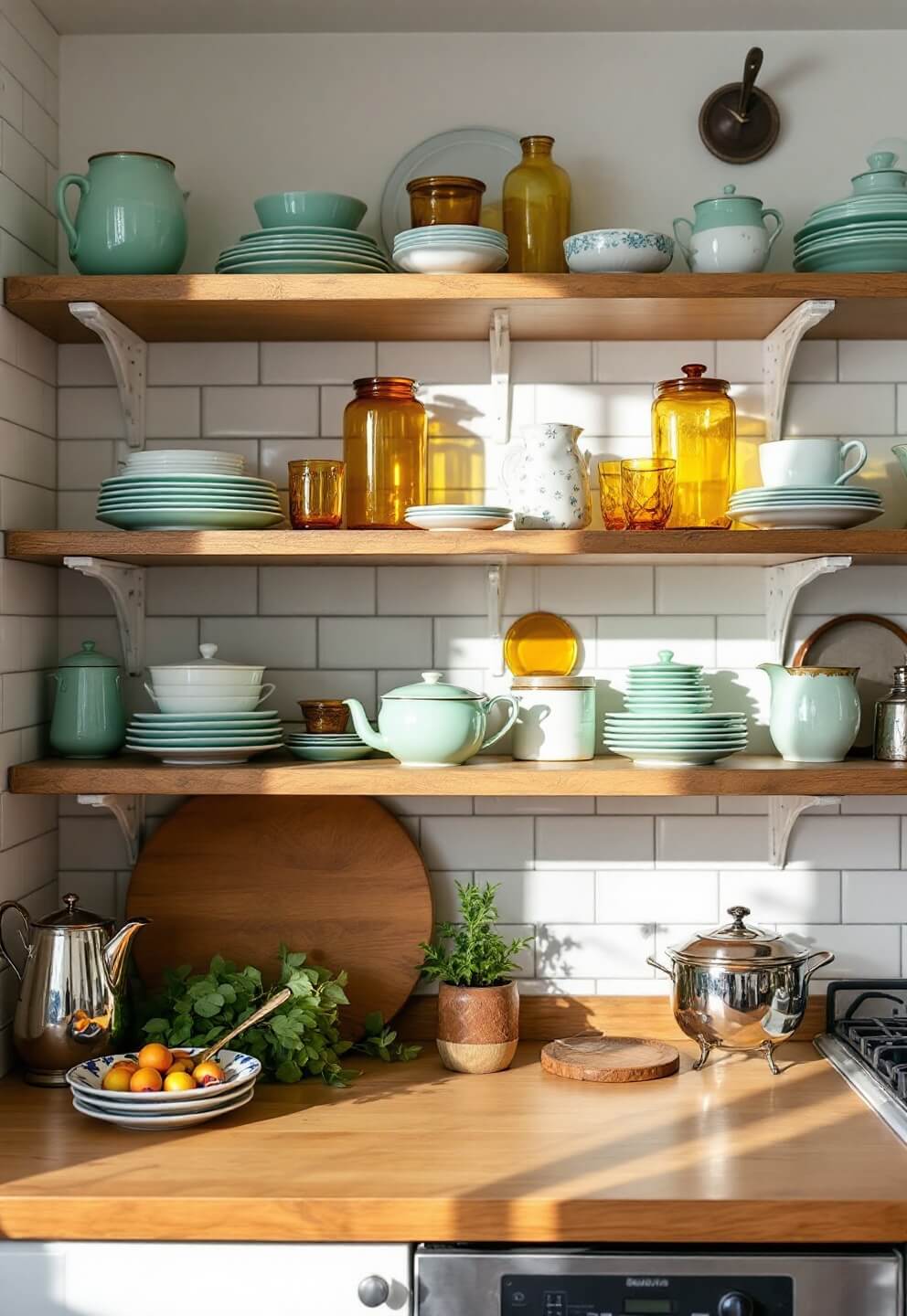 Vintage kitchen's open shelving displaying collections of jadeite dishes, amber glass containers and metallic serving pieces, with dramatic shadows in morning light