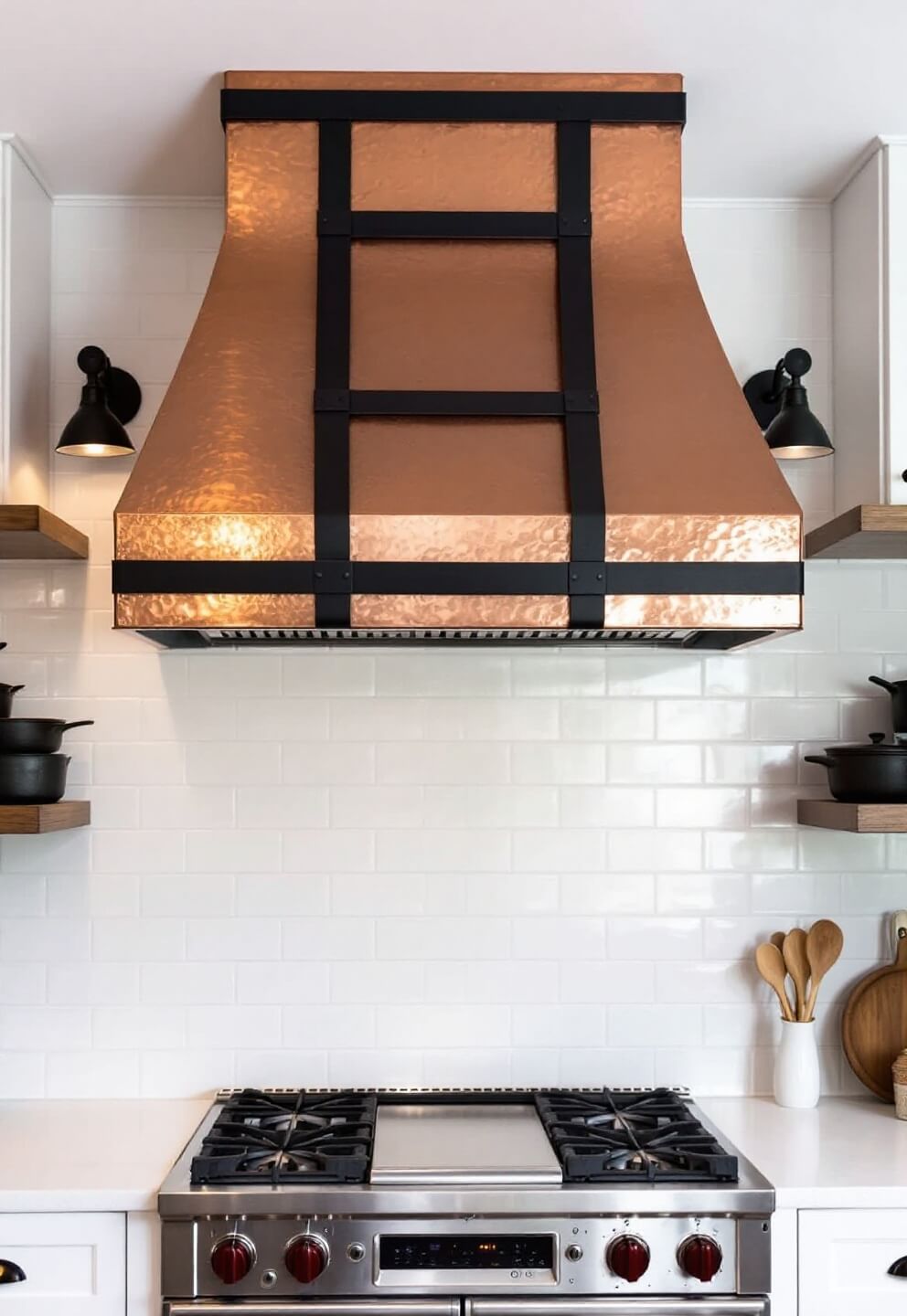 Custom hammered copper range hood with black strapping, surrounded by white subway tile and industrial sconces, above a professional-grade stainless range with open shelving displaying cast iron cookware