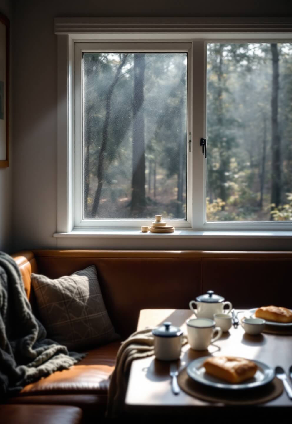 Breakfast nook bathed in morning light with forest view, built-in bench covered with wool blankets and leather cushions, and table set with vintage enamelware and fresh bread