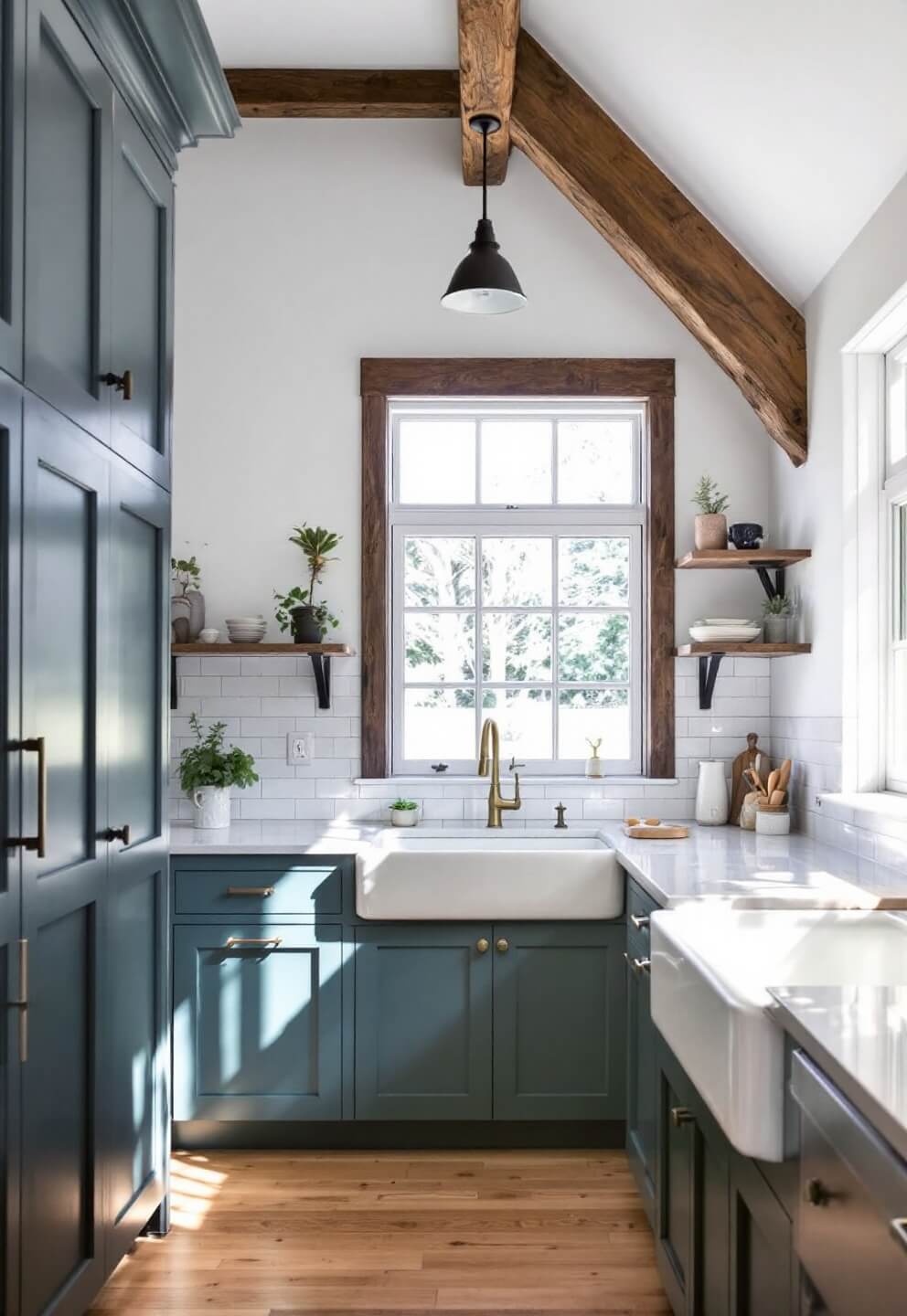 Farmhouse-style kitchen with dark sage lower cabinets, white upper cabinets, reclaimed wood beams on 12ft ceiling, a Belfast sink with brass faucet, and morning light pouring through mullioned windows.