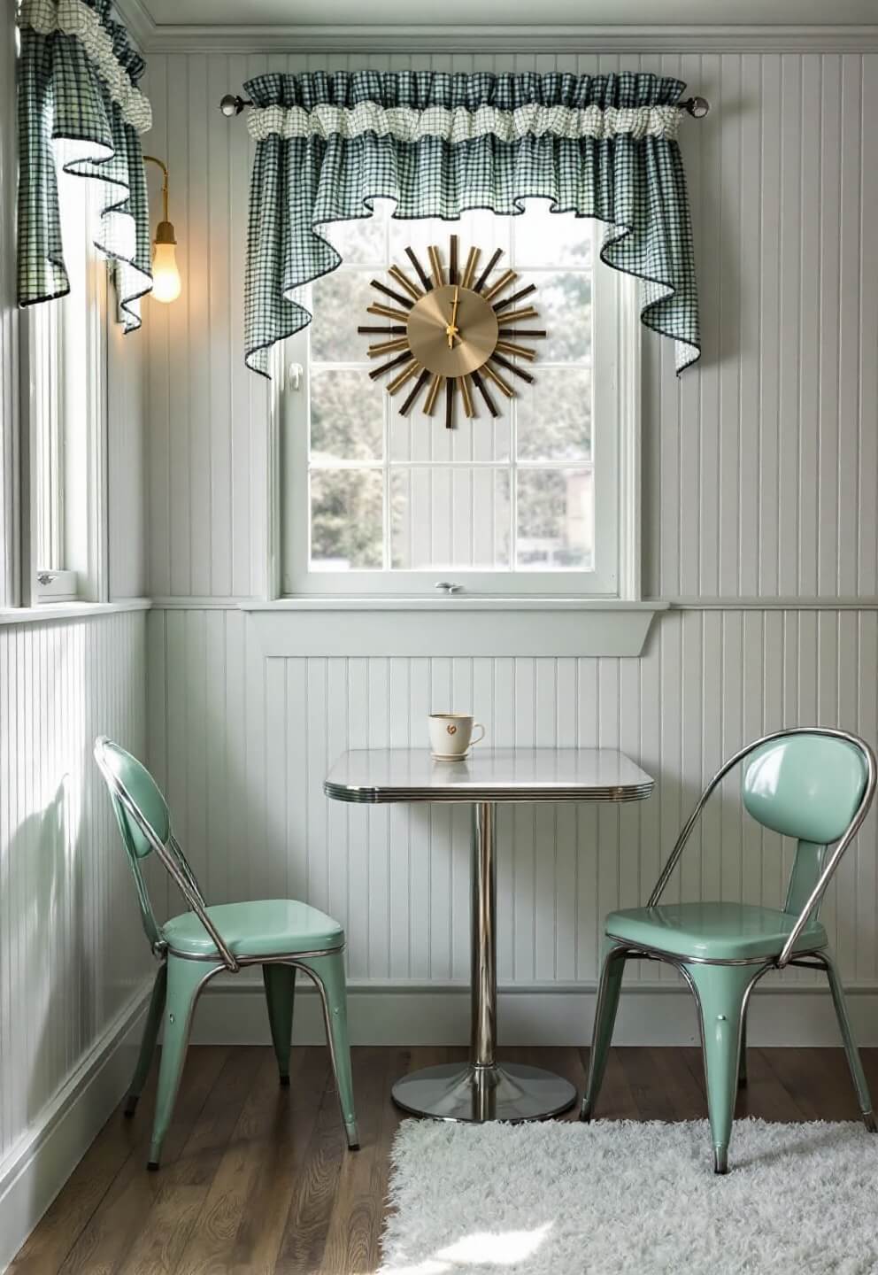 Vintage 12x14ft kitchen nook with mint green chrome and vinyl dining set, large window with cafe curtains, atomic starburst clock on beadboard wall, shot from child's perspective in soft, natural lighting.