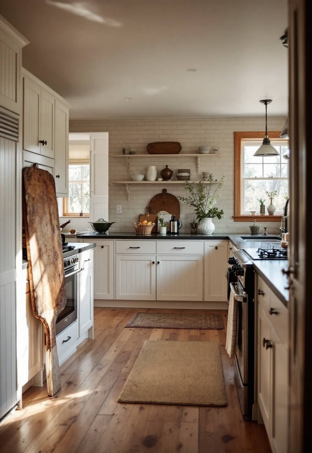 A farmhouse kitchen with first light pouring in through transom windows, showcasing cream painted brick walls, wide-plank pine floors, hidden appliance garage in beadboard cabinetry, and an antique bread board. Low angle shot emphasizing the high ceiling with moody, directional lighting.