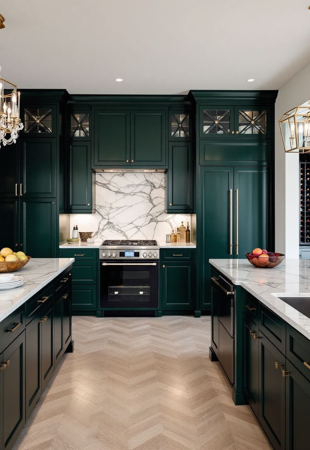 Luxe forest green kitchen with floor-to-ceiling cabinets, integrated wine storage, book-matched marble backsplash, crystal chandelier, and professional lighting at twilight