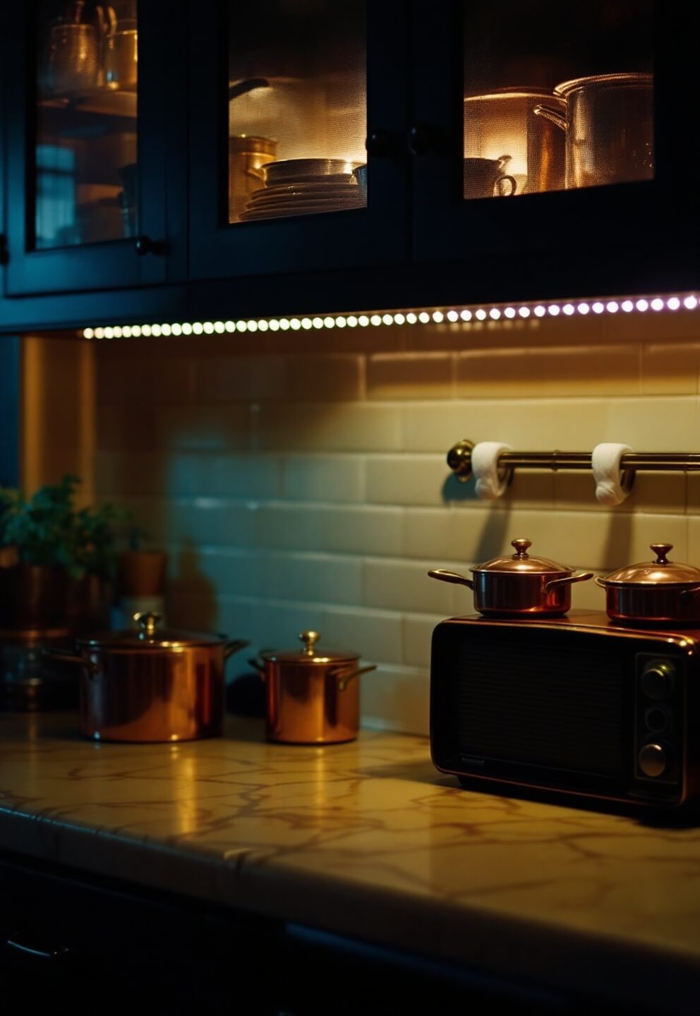 Vintage kitchen interior at twilight with under-cabinet lighting focused on copper cookware, a mint condition 1950s radio on marble countertop, against cream subway tiles and cool evening light creating a moody atmosphere.