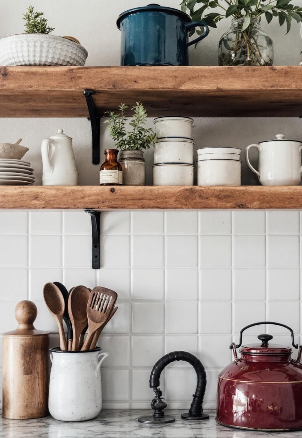 Detail view of weathered wood open shelves and handmade ceramic tile backsplash styled with vintage kitchen utensils and enamelware, dried herbs hanging, under natural side lighting.