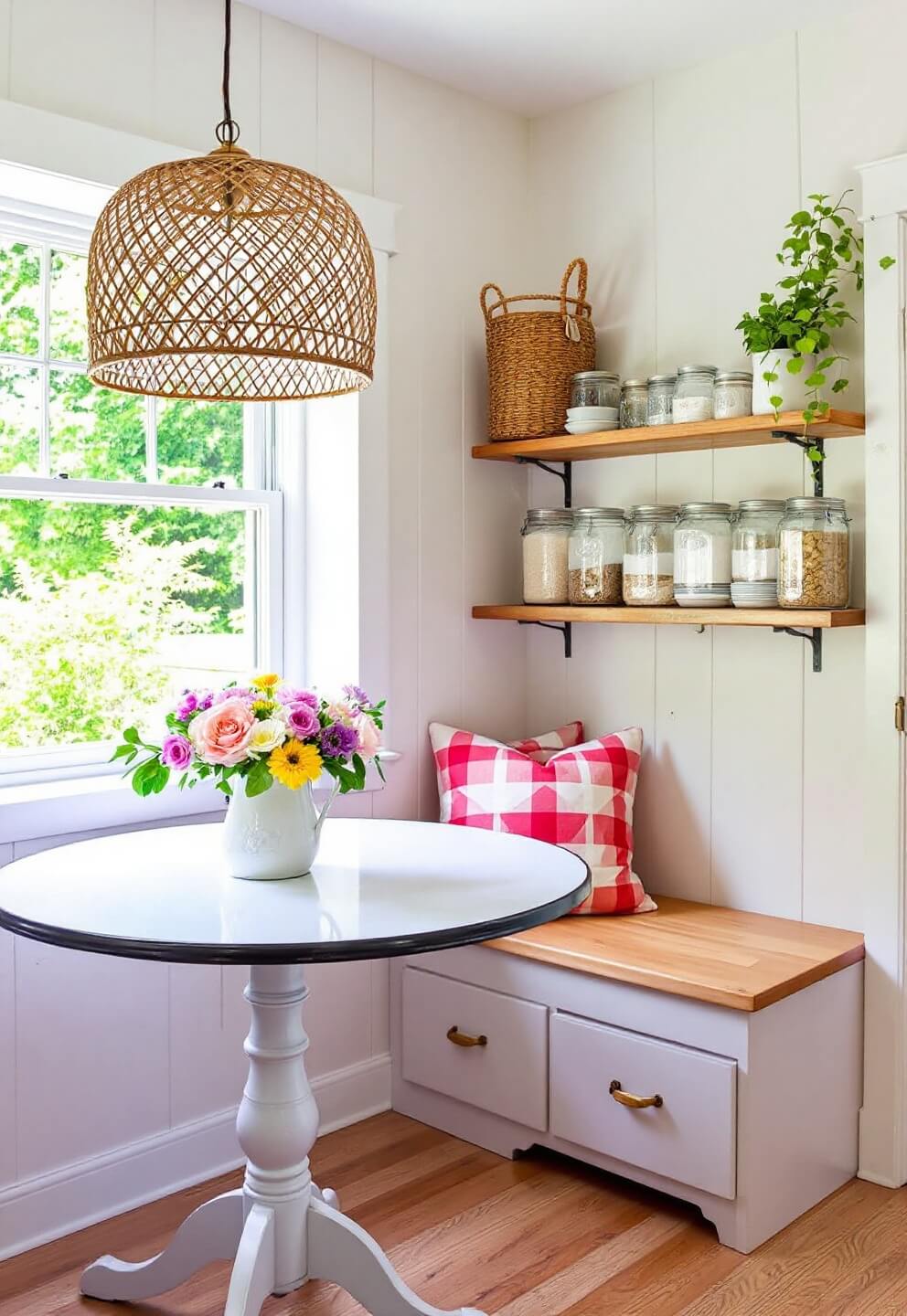 Bright vintage kitchen nook with fresh flowers on enamel table, open shelving with mason jars, and woven pendant casting intricate shadows