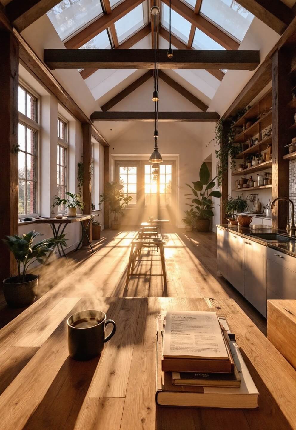 Architectural interior shot during golden hour with exposed beams, wide plank flooring, steaming coffee cup, and open cookbook.