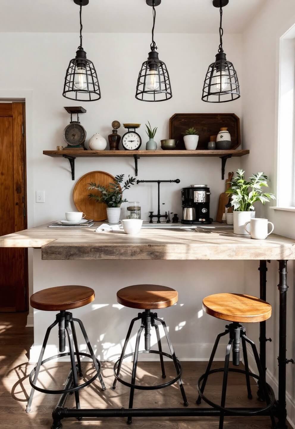 Morning light illuminating a breakfast bar, with industrial swivel stools, open shelving with vintage scales, pottery, and hanging metal pendant lights