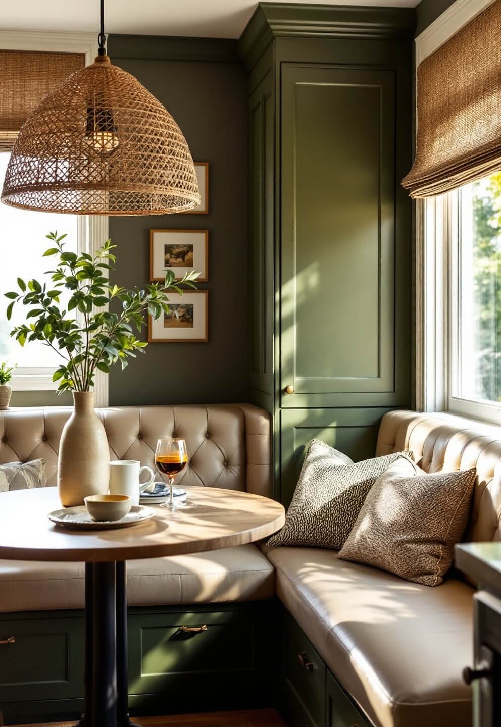 Close-up of a cozy olive green kitchen corner with cream leather banquette, green cabinetry, and a rattan pendant casting intricate shadows in warm morning light