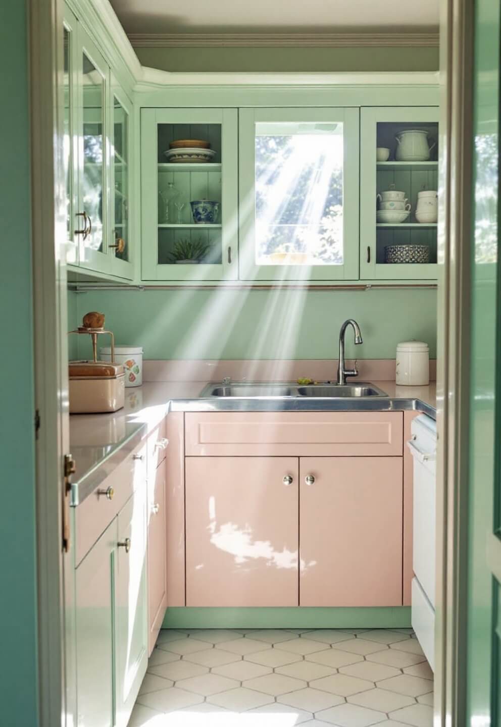 Vintage kitchen with morning sunlight streaming through glass-front cabinets, reflecting prismatically on white hexagonal tiles, pastel pink lower cabinets, mint green walls, and a styled bread box and cake carrier on a Formica countertop.