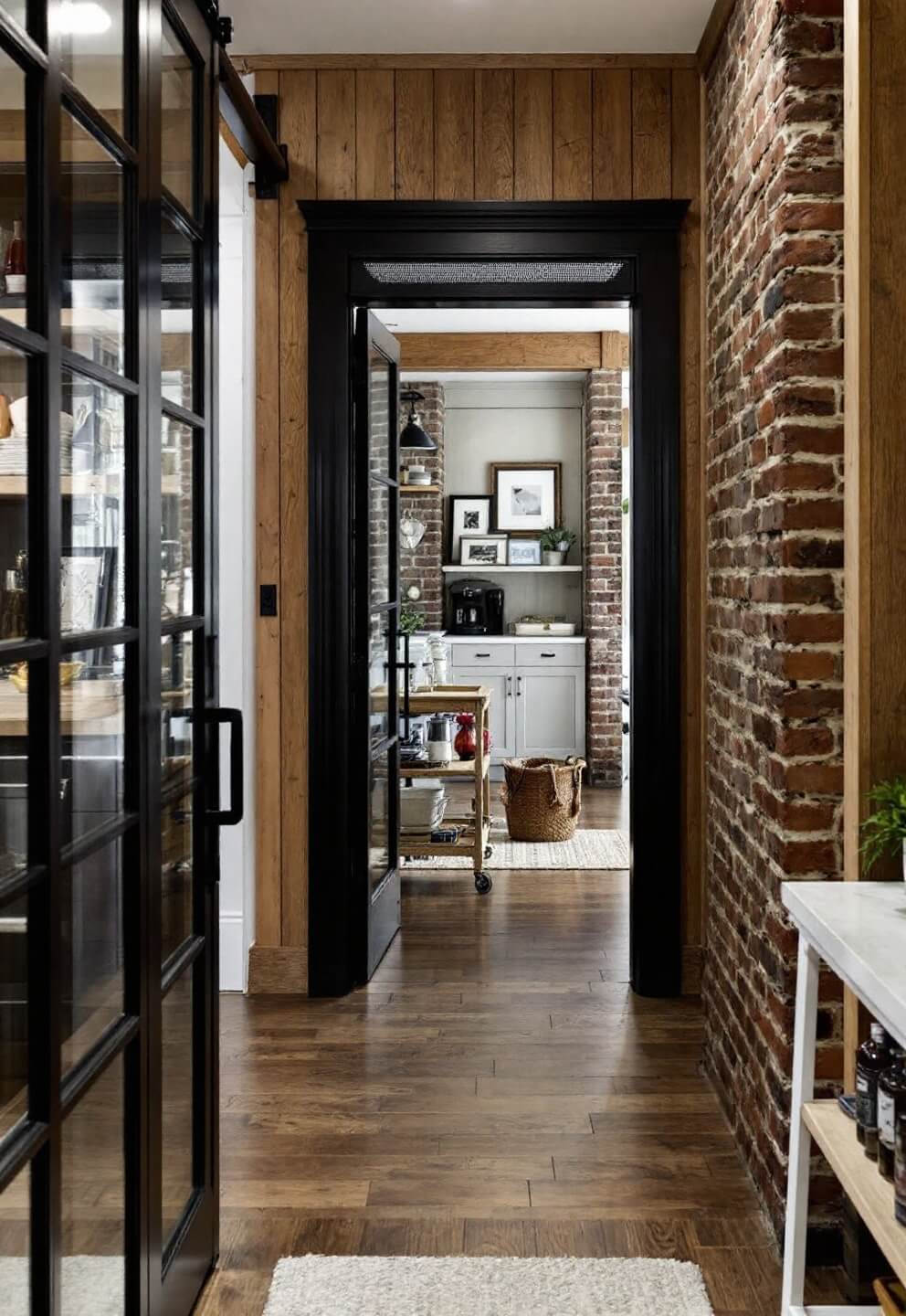 Butler's pantry with black steel-framed glass doors, white oak shelving, a vintage factory cart used as a coffee station, and moody lighting showcasing the transition from exposed brick to board and batten walls.