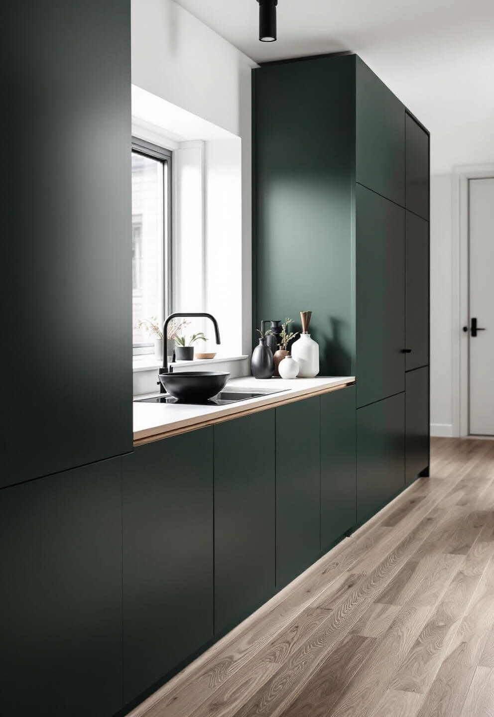 Minimalist Scandinavian-inspired kitchen with deep forest green cabinets, white oak flooring, and black metal lights