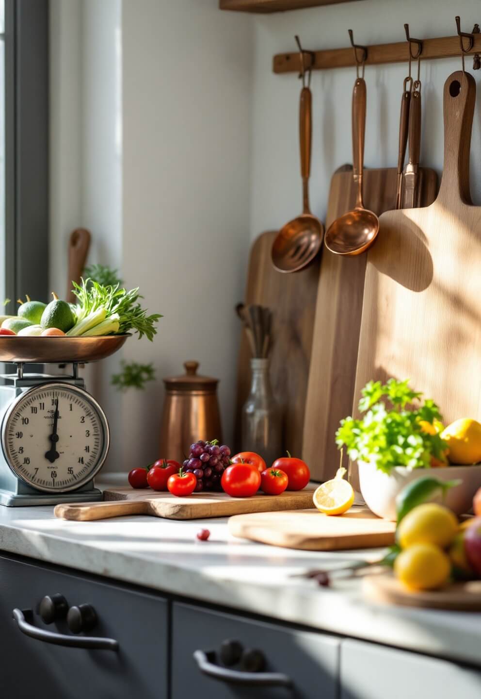 Vintage kitchen scene with fresh produce on scale, used cutting boards, and hanging copper utensils in morning light